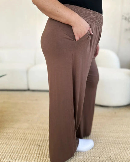 Basic Bae Full Size Smocked Wide Waistband Wide Leg Pants - Trendsi