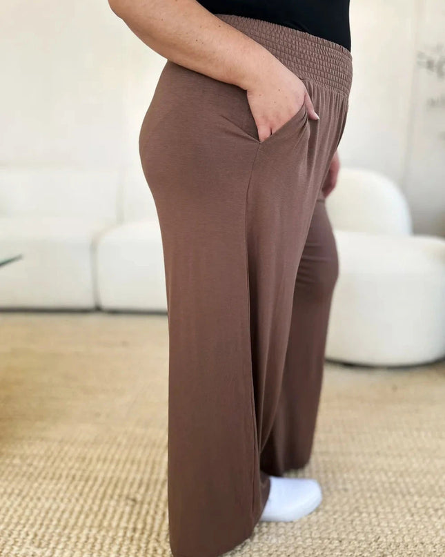 Basic Bae Full Size Smocked Wide Waistband Wide Leg Pants - Trendsi