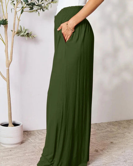 Basic Bae Full Size Smocked Wide Waistband Wide Leg Pants - Trendsi