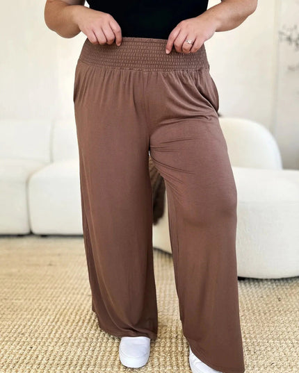 Basic Bae Full Size Smocked Wide Waistband Wide Leg Pants - Trendsi