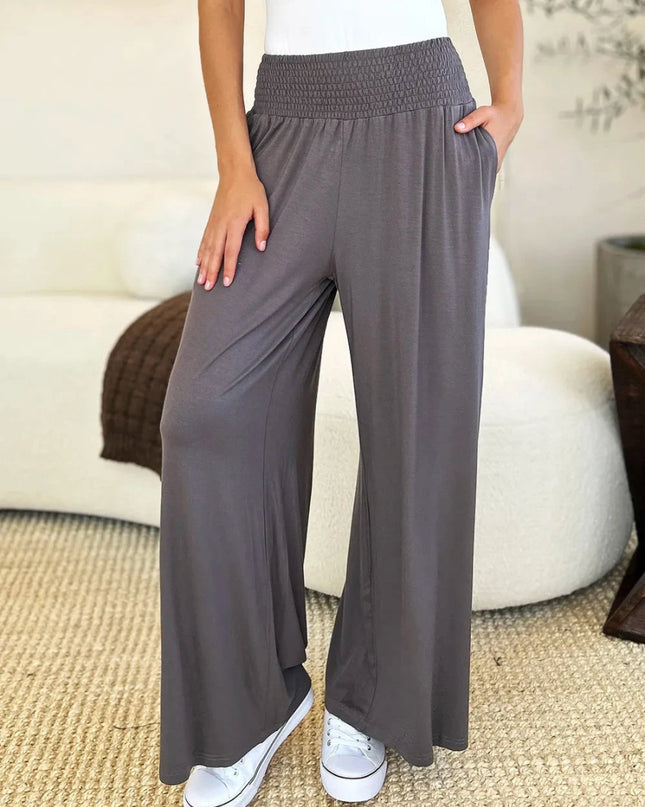 Basic Bae Full Size Smocked Wide Waistband Wide Leg Pants - Trendsi