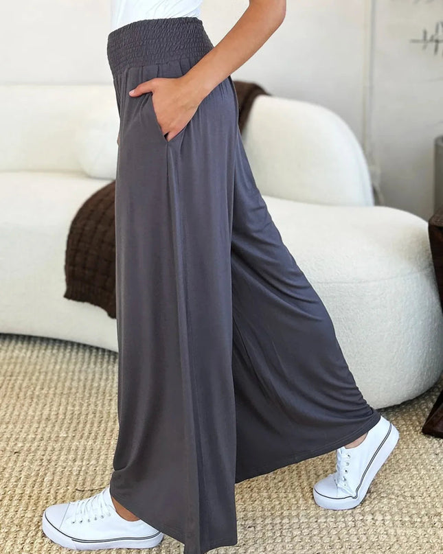 Basic Bae Full Size Smocked Wide Waistband Wide Leg Pants - Trendsi