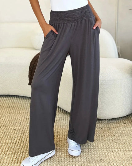Basic Bae Full Size Smocked Wide Waistband Wide Leg Pants - Trendsi