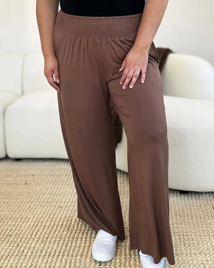 Basic Bae Full Size Smocked Wide Waistband Wide Leg Pants - Trendsi