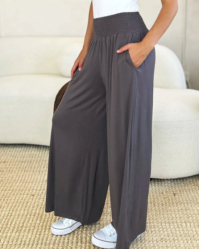 Basic Bae Full Size Smocked Wide Waistband Wide Leg Pants - Trendsi