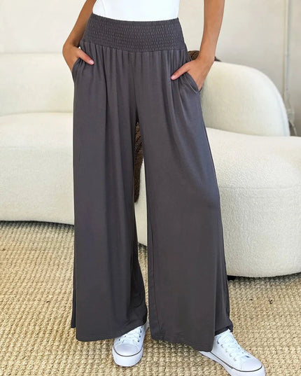 Basic Bae Full Size Smocked Wide Waistband Wide Leg Pants - Trendsi