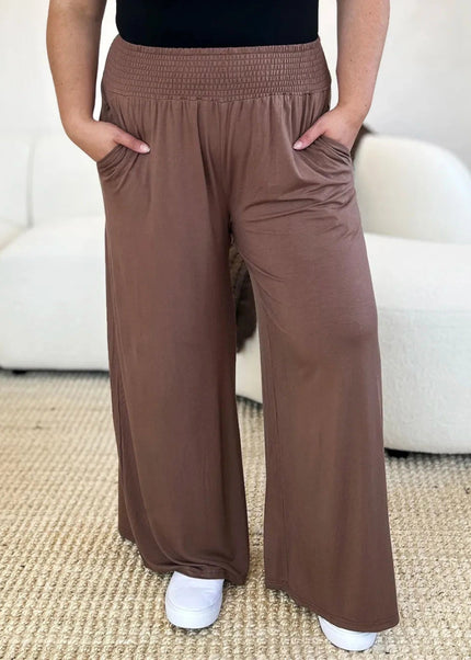 Basic Bae Full Size Smocked Wide Waistband Wide Leg Pants - Trendsi