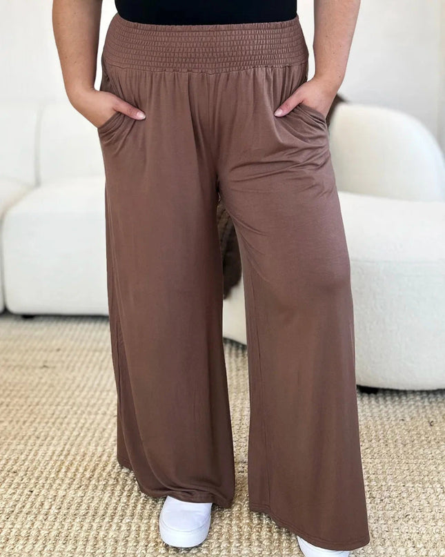 Basic Bae Full Size Smocked Wide Waistband Wide Leg Pants - Trendsi