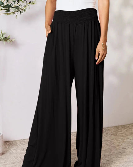 Basic Bae Full Size Smocked Wide Waistband Wide Leg Pants - Trendsi