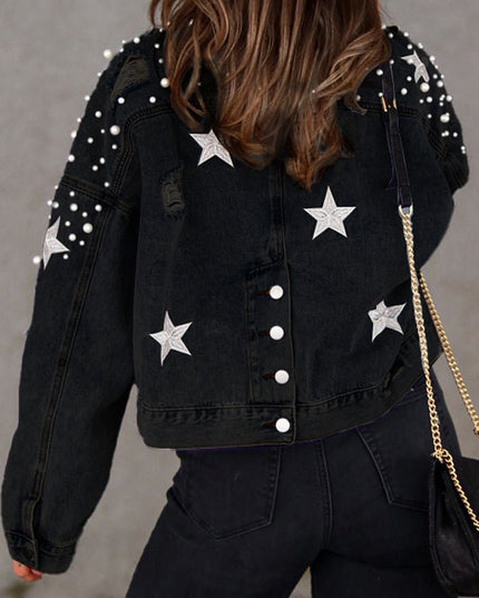 Bead Detail Denim Jacket - Trendsi