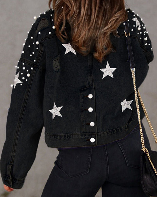 Bead Detail Denim Jacket - Trendsi