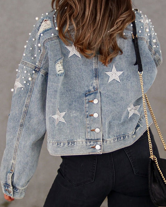 Bead Detail Denim Jacket - Trendsi