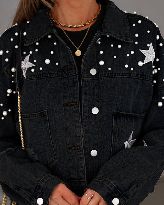 Bead Detail Denim Jacket - Trendsi