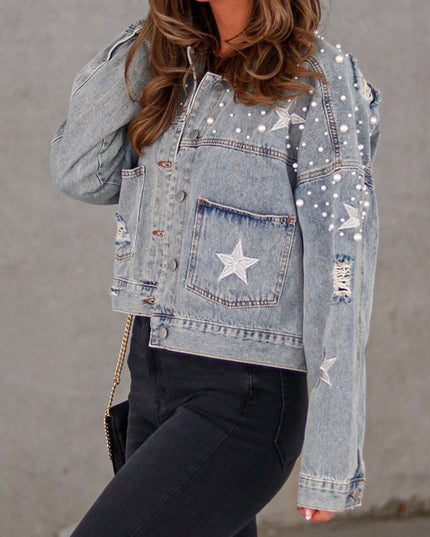 Bead Detail Denim Jacket - Trendsi
