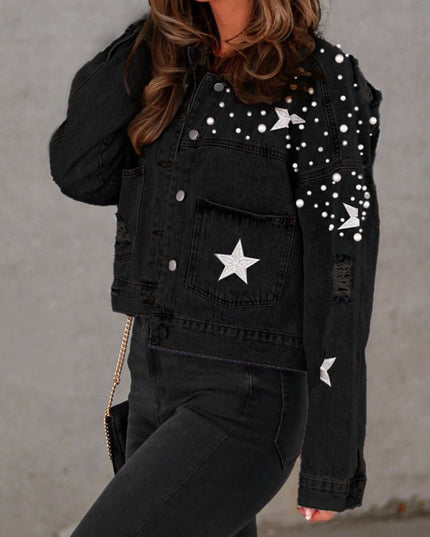 Bead Detail Denim Jacket - Trendsi