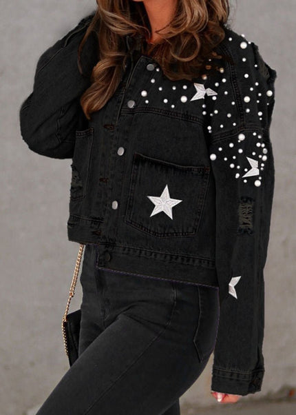 Bead Detail Denim Jacket - Trendsi