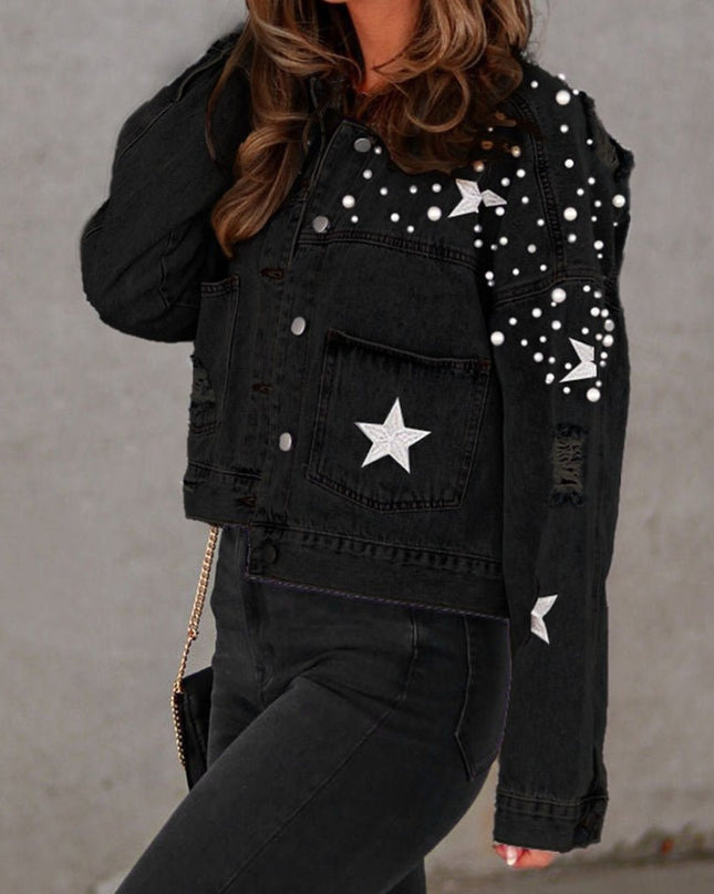 Bead Detail Denim Jacket - Trendsi