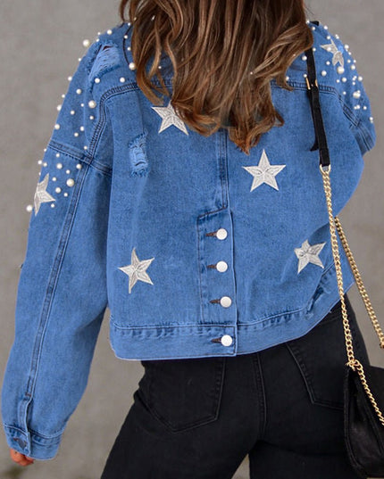 Bead Detail Denim Jacket - Trendsi