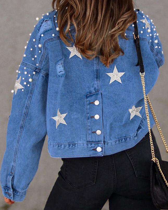 Bead Detail Denim Jacket - Trendsi