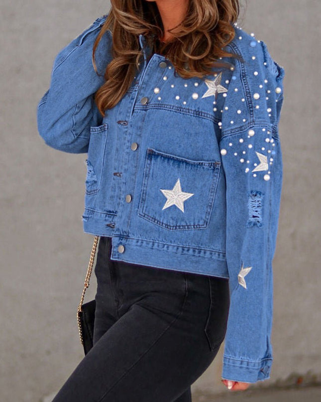 Bead Detail Denim Jacket - Trendsi