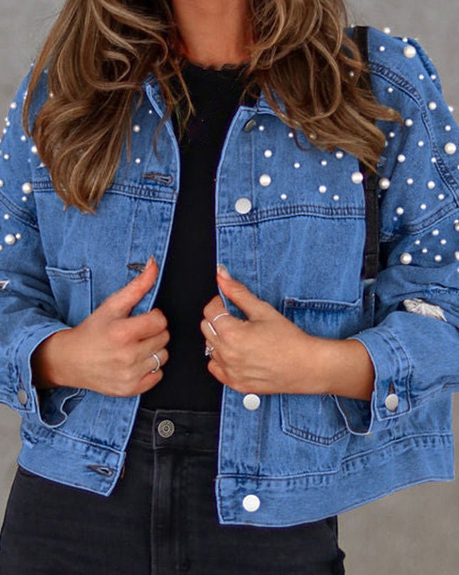Bead Detail Denim Jacket - Trendsi