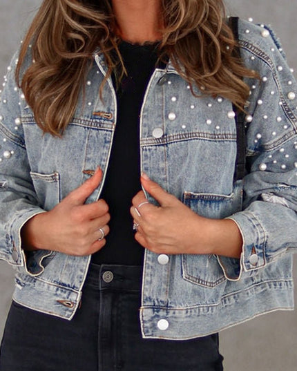 Bead Detail Denim Jacket - Trendsi