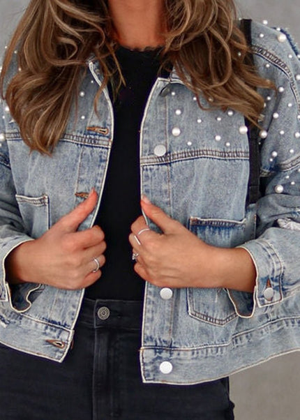 Bead Detail Denim Jacket - Trendsi
