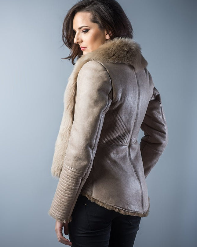Beige Lamb Nappa Leather Jacket with Merino Fur Collar - Leather Jackets - Buy Me Fur Ltd