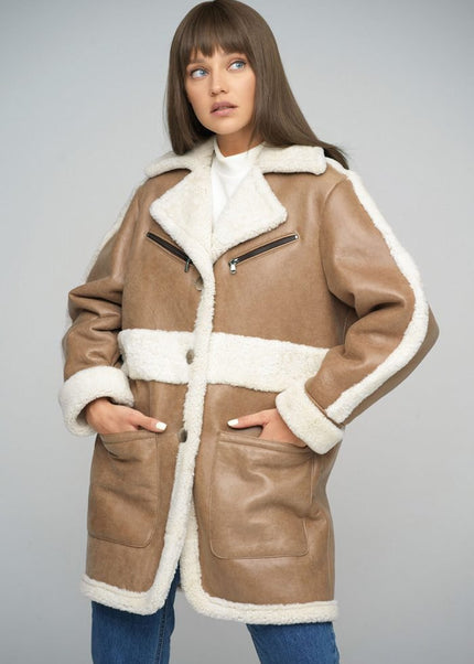 Beige Sheepskin Bomber Jacket - Leather Jackets - Buy Me Fur Ltd