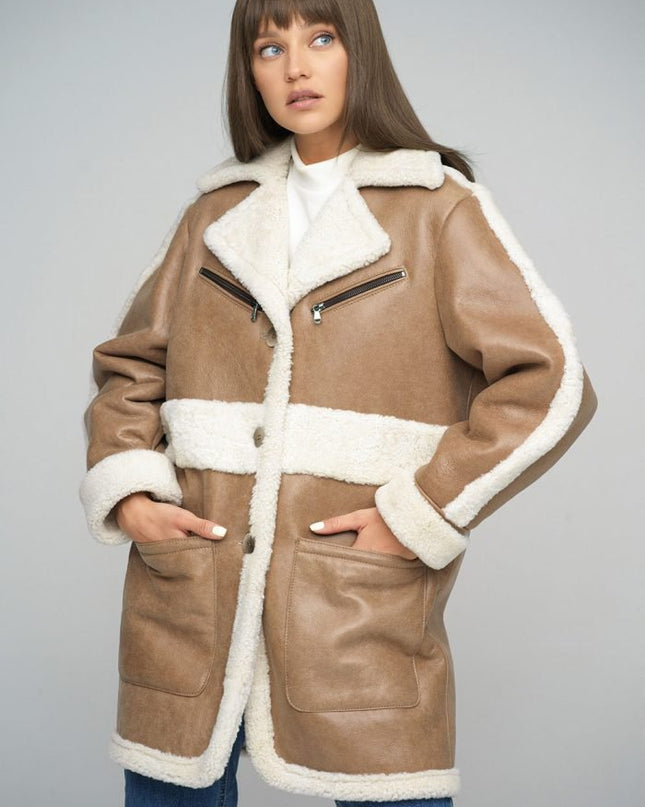 Beige Sheepskin Bomber Jacket - Leather Jackets - Buy Me Fur Ltd