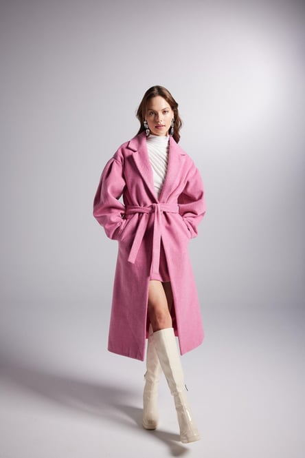 Belted Single Buttoned Maxi Pink Cashmere Mira Trench Coat - Trench Coats - Buy Me Fur Ltd