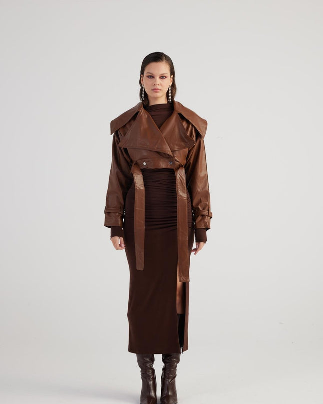 Neeko Chocolate Faux Leather Cropped Jacket-3