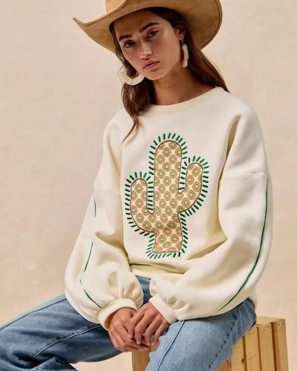BiBi Cactus Embroidered Fleece Sweatshirt - Trendsi