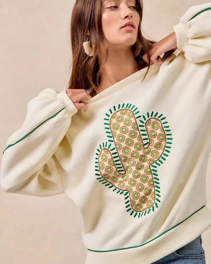 BiBi Cactus Embroidered Fleece Sweatshirt - Trendsi