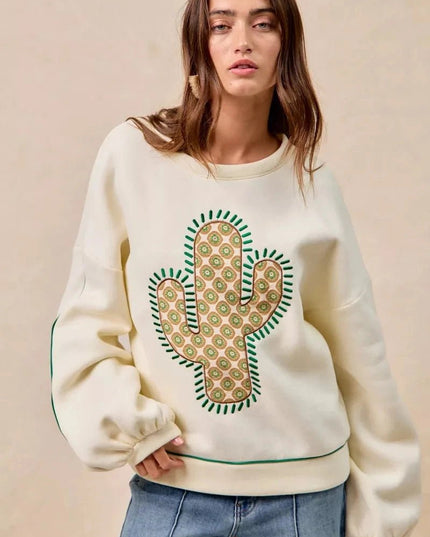 BiBi Cactus Embroidered Fleece Sweatshirt - Trendsi