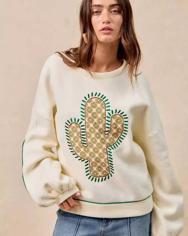 BiBi Cactus Embroidered Fleece Sweatshirt - Trendsi