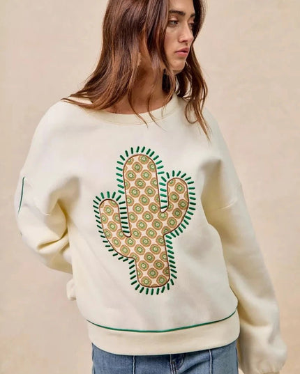 BiBi Cactus Embroidered Fleece Sweatshirt - Trendsi