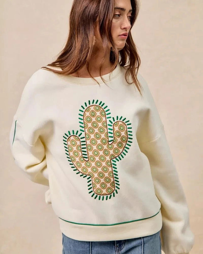 BiBi Cactus Embroidered Fleece Sweatshirt - Trendsi