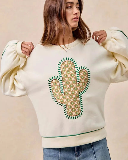 BiBi Cactus Embroidered Fleece Sweatshirt - Trendsi