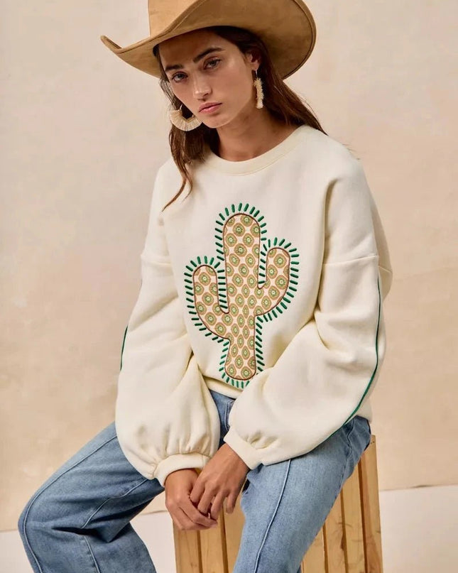 BiBi Cactus Embroidered Fleece Sweatshirt - Trendsi