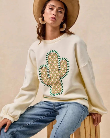 BiBi Cactus Embroidered Fleece Sweatshirt - Trendsi