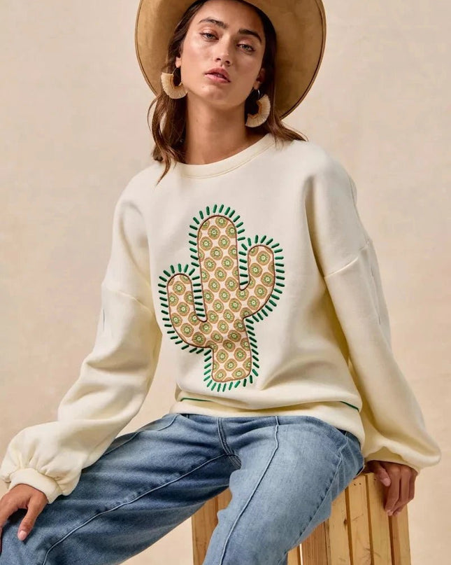 BiBi Cactus Embroidered Fleece Sweatshirt - Trendsi