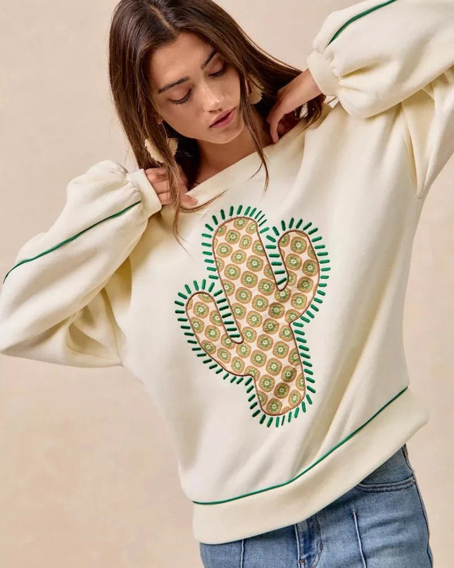 BiBi Cactus Embroidered Fleece Sweatshirt - Trendsi