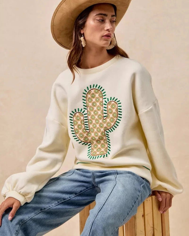 BiBi Cactus Embroidered Fleece Sweatshirt - Trendsi