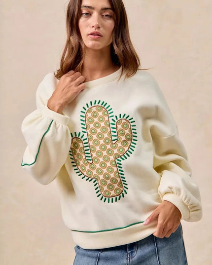 BiBi Cactus Embroidered Fleece Sweatshirt - Trendsi