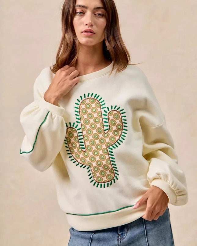BiBi Cactus Embroidered Fleece Sweatshirt - Trendsi