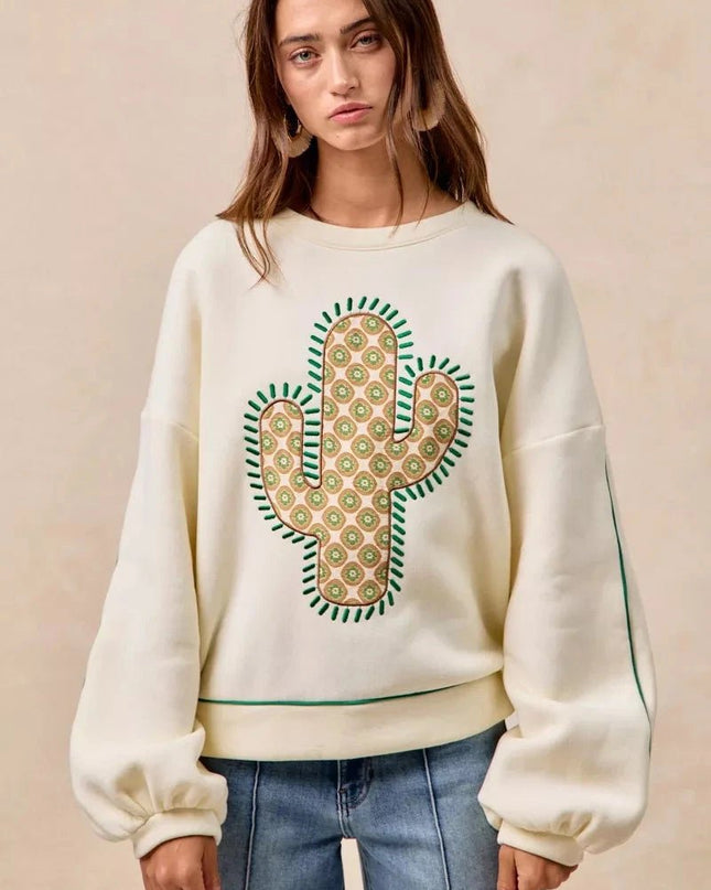 BiBi Cactus Embroidered Fleece Sweatshirt - Trendsi