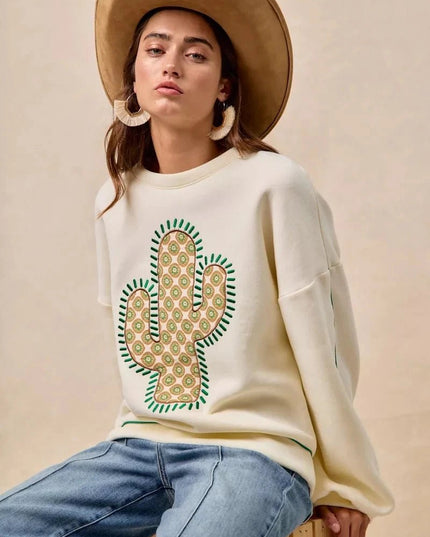 BiBi Cactus Embroidered Fleece Sweatshirt - Trendsi