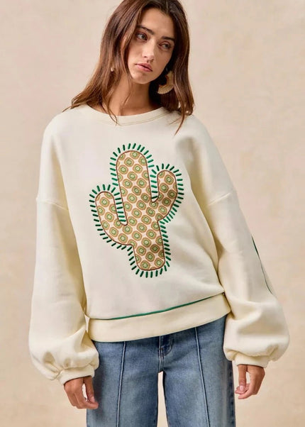 BiBi Cactus Embroidered Fleece Sweatshirt - Trendsi