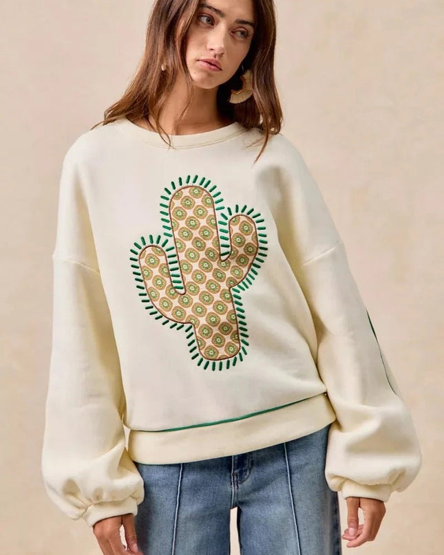 BiBi Cactus Embroidered Fleece Sweatshirt - Trendsi